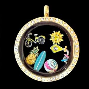 Origami Owl Gold Charm Locket Necklace w/ Rhinestones | Beach Summer Theme